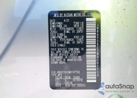 2021 Nissan Armada Sv 2Wd from USA, damaged, VIN JN8AY2AC3M9147758